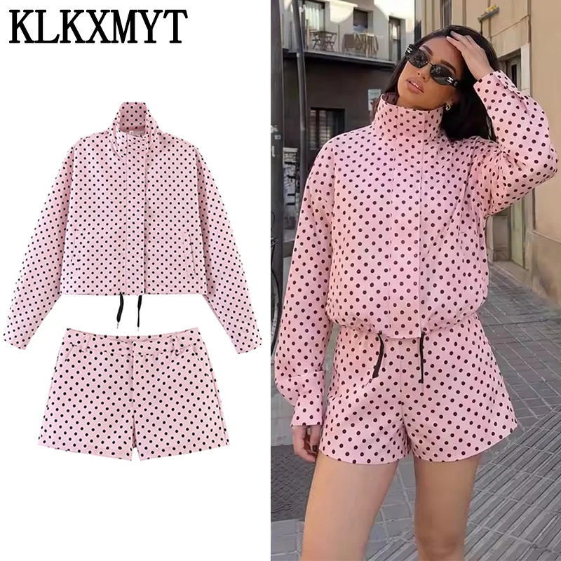 

KLKXMYT Chic Polka Dot Sets Women 2026 Spring Summer Drawstring Zipprt Jacket High Waist Shorts Suit Street Casual Woman Outfits