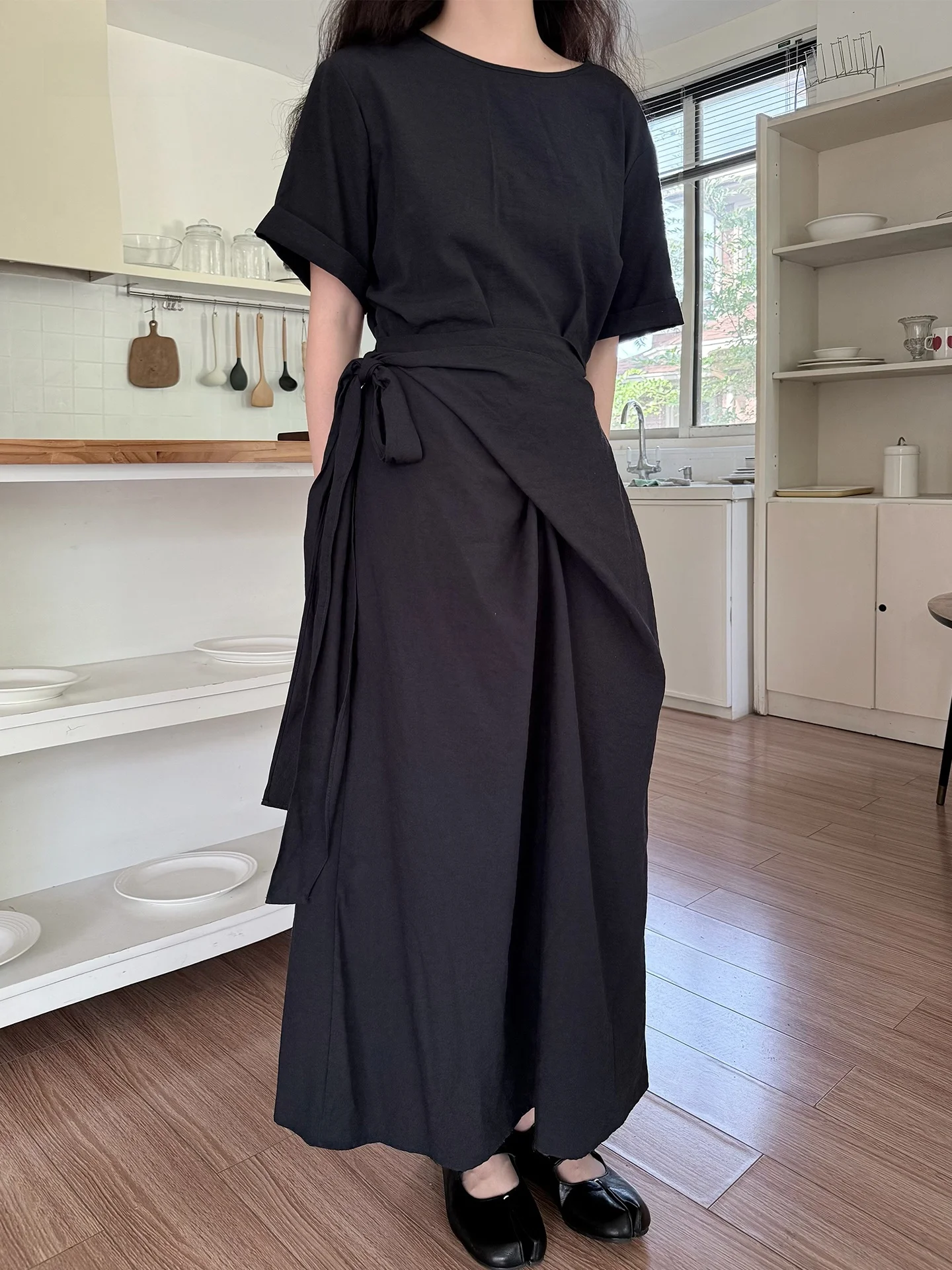 

Summer Beautiful Cross-Bandage Shape Short-Sleeve A-Line Dress Casual High Waist Cotton Blend Elastic Loose Fit round ...