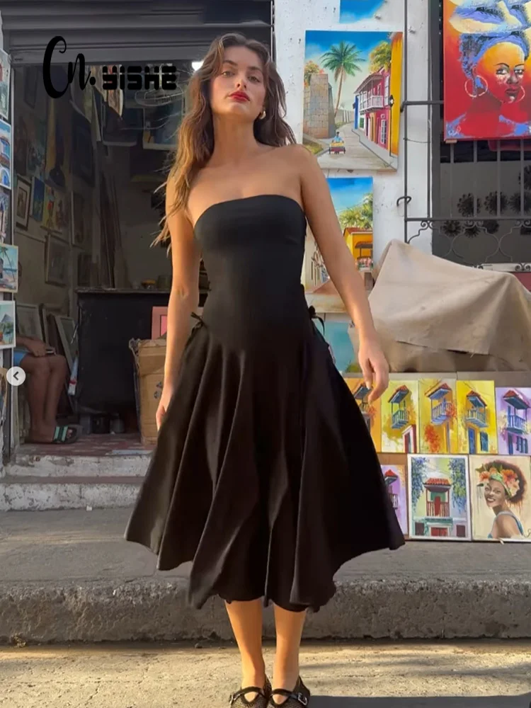

CNYISHE Solid Strapless A-Line Elegant Casual Bodycon Sheath Sexy Club Women Dresses Fashion Chic Streetwear Trendy Female Robes