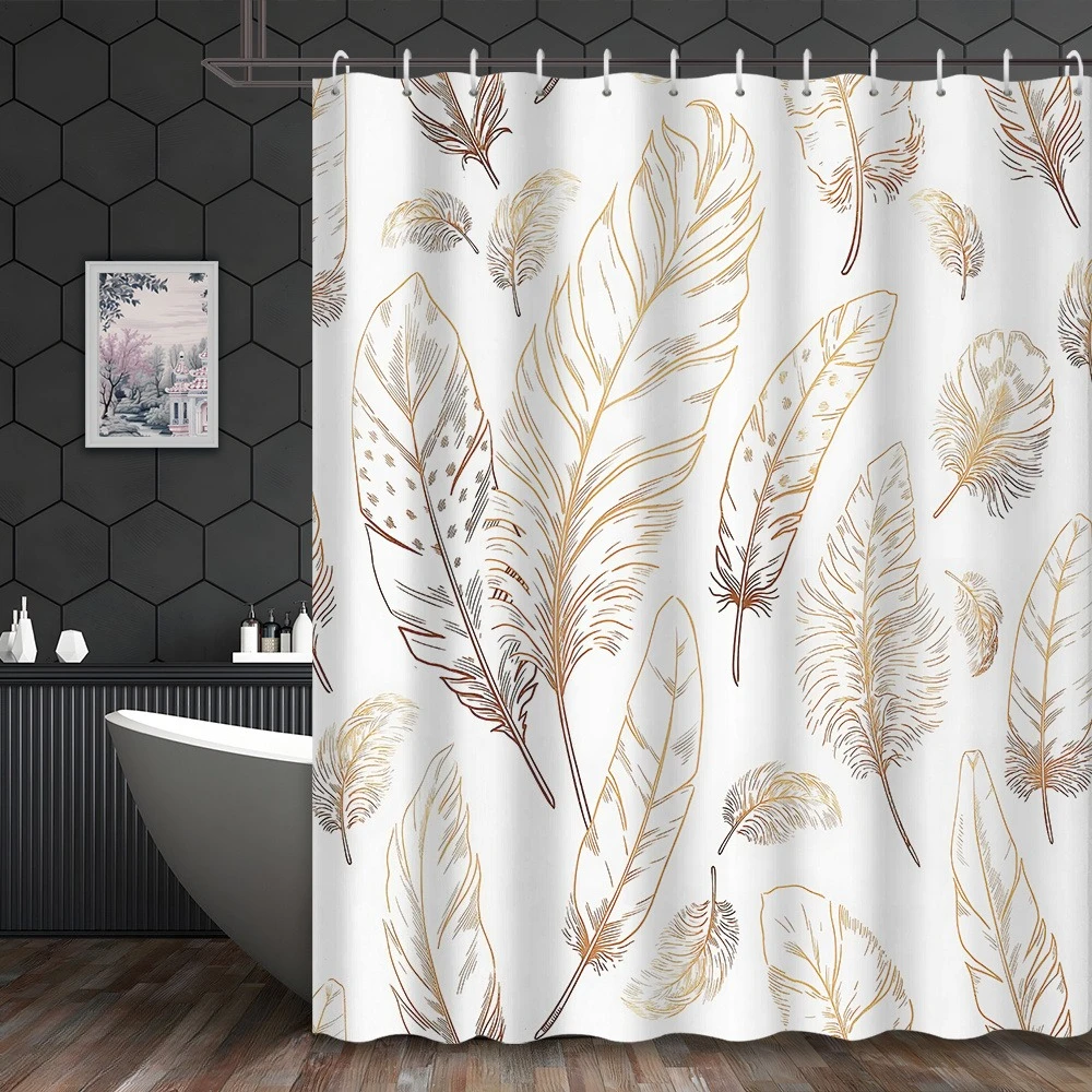1pc 2D Flat Printed Shower Curtain with Golden Line Feather Pattern Design,, Includes 12 Hooks, Bathroom Accessory, 2D Flat