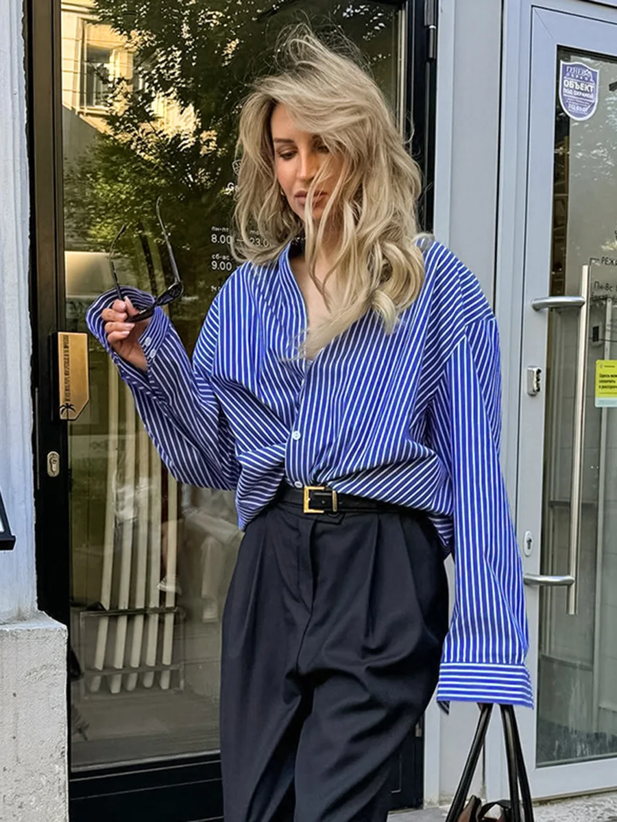 CGCBAG Casual Blue Striped Women Shirts Korean Fashion Long Sleeves Blouse Single Breasted Street Shirts Woman Clothes Top