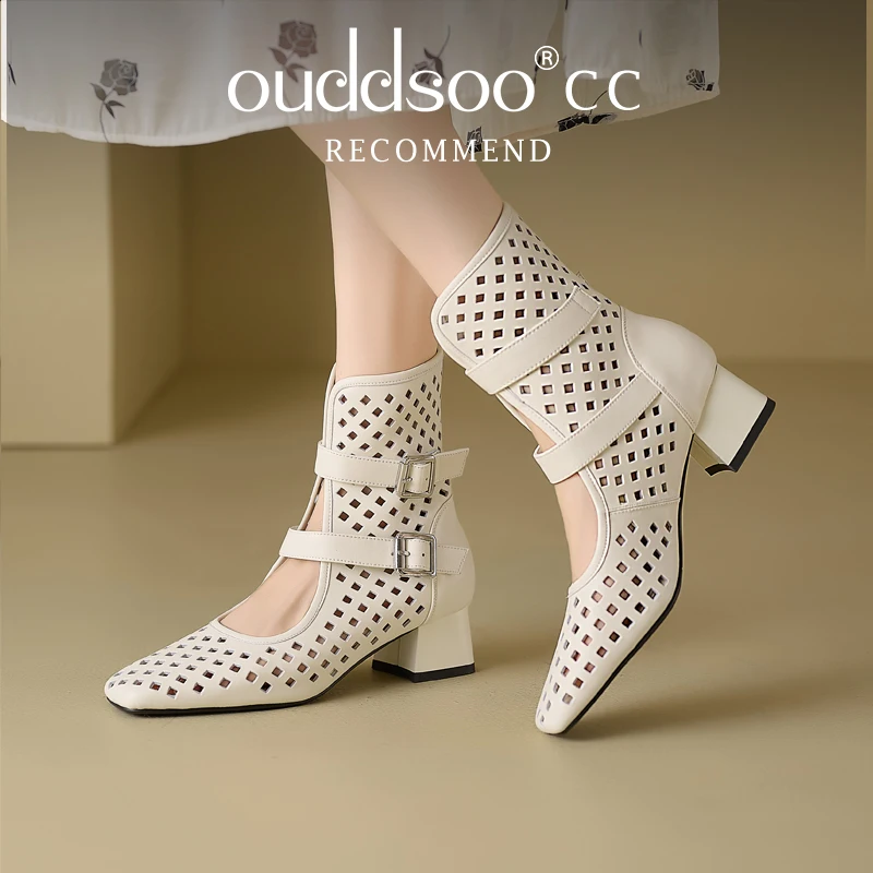 Ods Carpaton Summer Thick Heels Woman Boots Round Toe Mesh Grid Cutouts Ankle Boots Lace-up High Heel Shoes Black Nude Open Toe