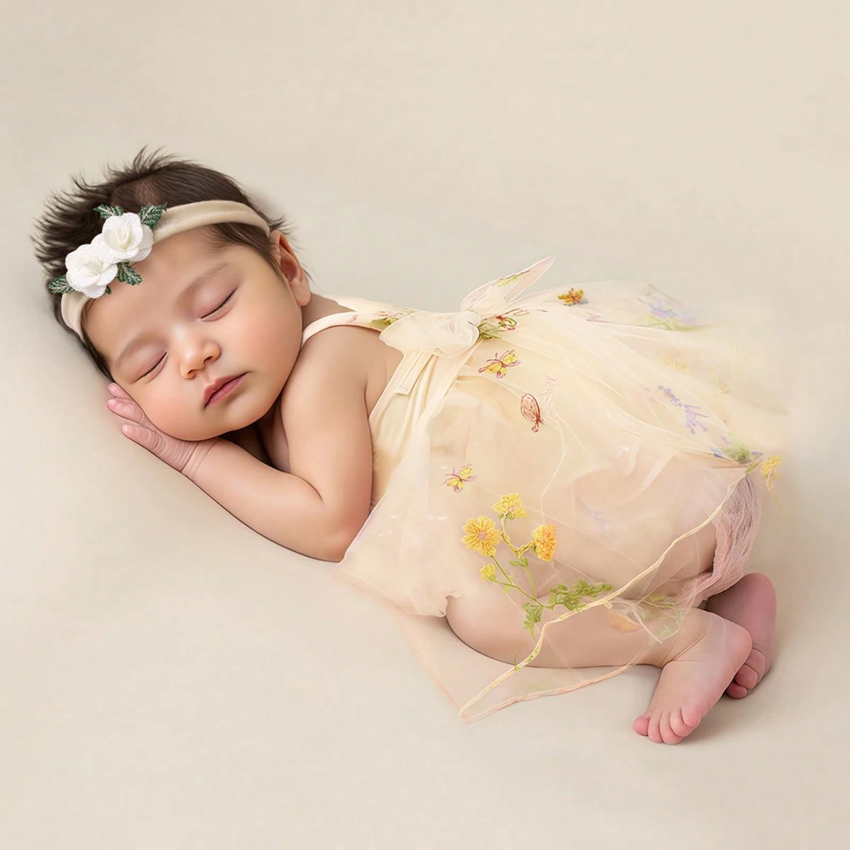 Ylsteed Beige Embroidery Newborn Photography Romper with Small Flower Headwear 0-3 months Infant Baby Girl Photography Sets
