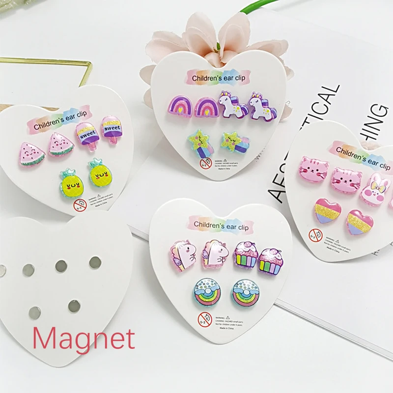 3PRS Strong Magnetic Children Earrings for Girls Clip on Earrings Kids Cute Unicorn Magnet Earrings Non Piercing Jewelry