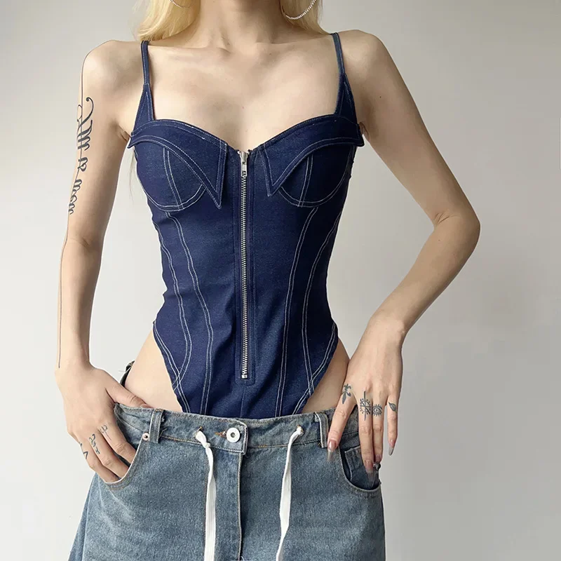 2024 New Retro Autumn Women Zipper Denim Bodysuit Long Sleeve Off Shoulder Skinny Bodysuits Sexy Camisole Slim Fitting Jumpsuit