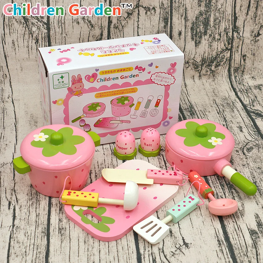 Children Garden Pots and Pans Wooden Children Play House Simulation Cooking Kitchen Ornaments Kawaii Accessories