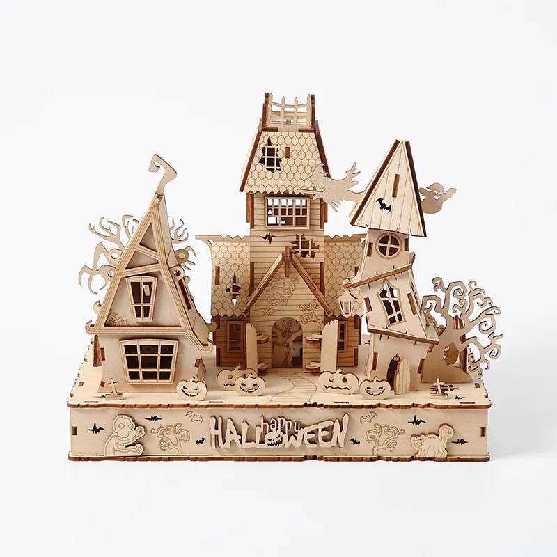 

NEW DIY 3D Wooden Puzzle Halloween Cottage Model Building Kits with Light Assembly Handmade Crafts Adults Kids Gifts