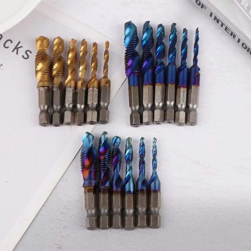 Blue M3/M4/M5/M6/M8/M10 Hand Tools Hex Shank Titanium Plated HSS Screw Thread Metric Tap Drill Bits Screw Machine Compound Tap