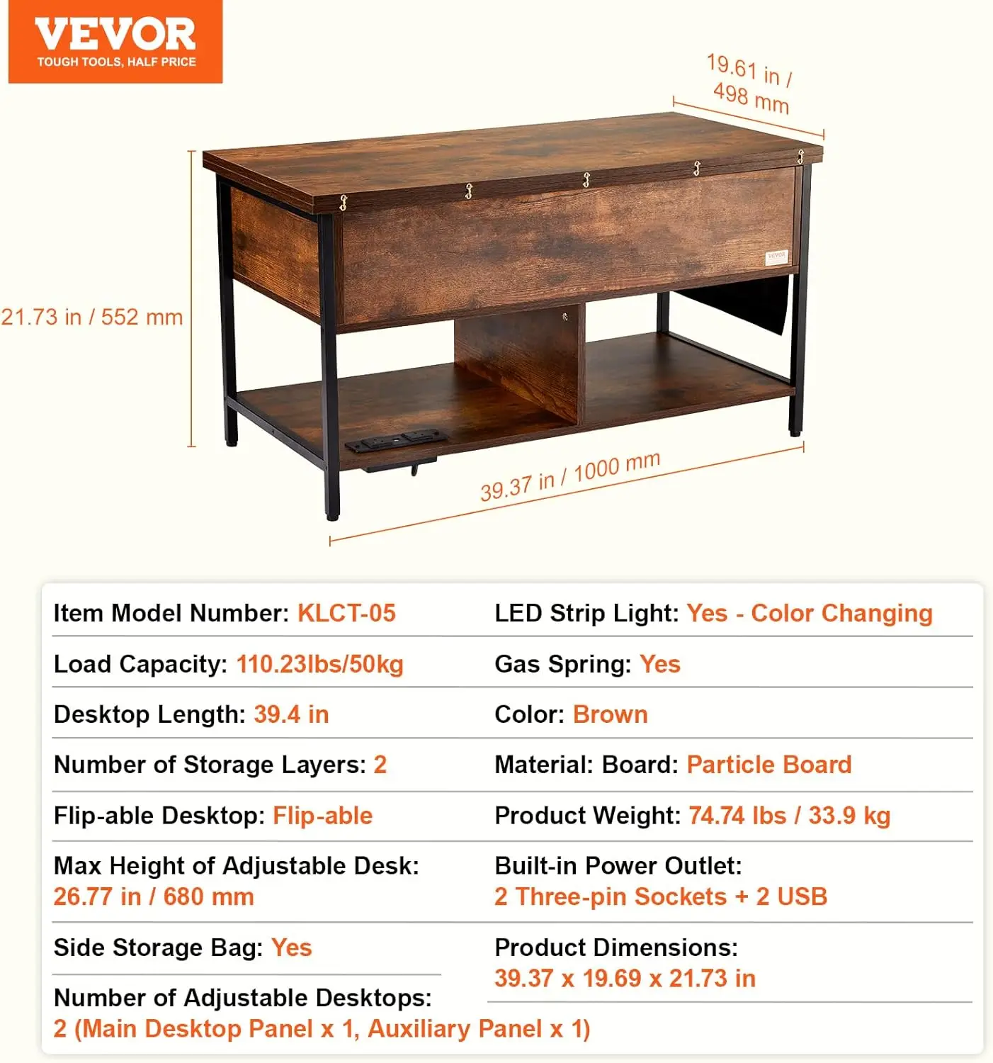 4-in-1 Lift Top Coffee Table with USB/Power Outlet/LED Light - Multi-Function Convertible Dining Table with Storage