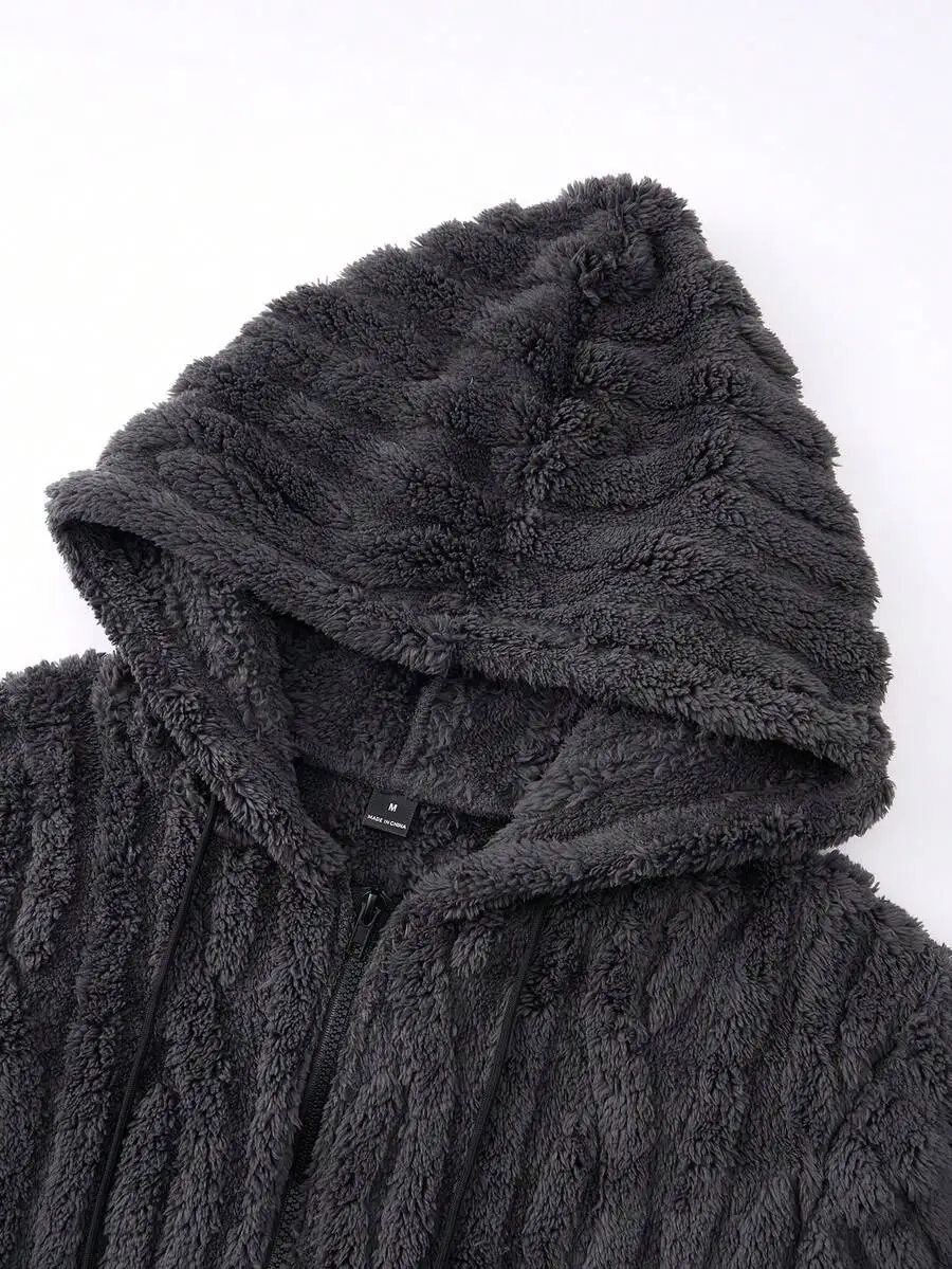 

Grey Mens Plush Fleece Zip-Up Hooded Jacket And Matching Pants Two-Piece Set For Cold Season Casual Wear