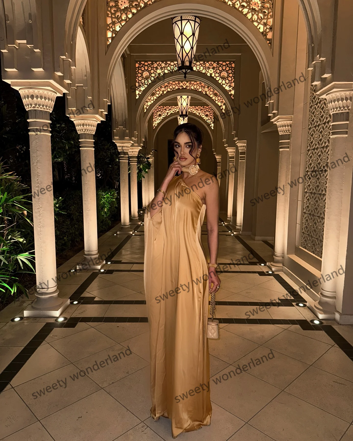 Árabe elegante vestidos de noite um ombro cetim de seda vestidos de noche vestido de baile de luxo vestidos de festa de casamento personalizado