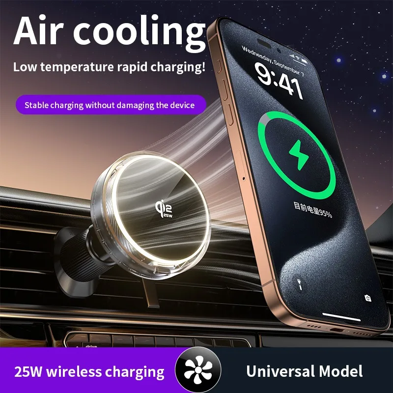 Air Cooling RGB Light Car Magnetic qi2.2 25W Fast Charging Wireless Charger Stand For Magsafe iPhone 17 16 Pro Max 15 14 13 12