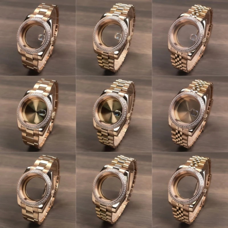 36mm/39mm Full Rose Gold NH35 Case DJ Diamond Bezel Sapphire Glass For 28.5mm Dial Parts Fit NH35 NH36 Movement Watch Case