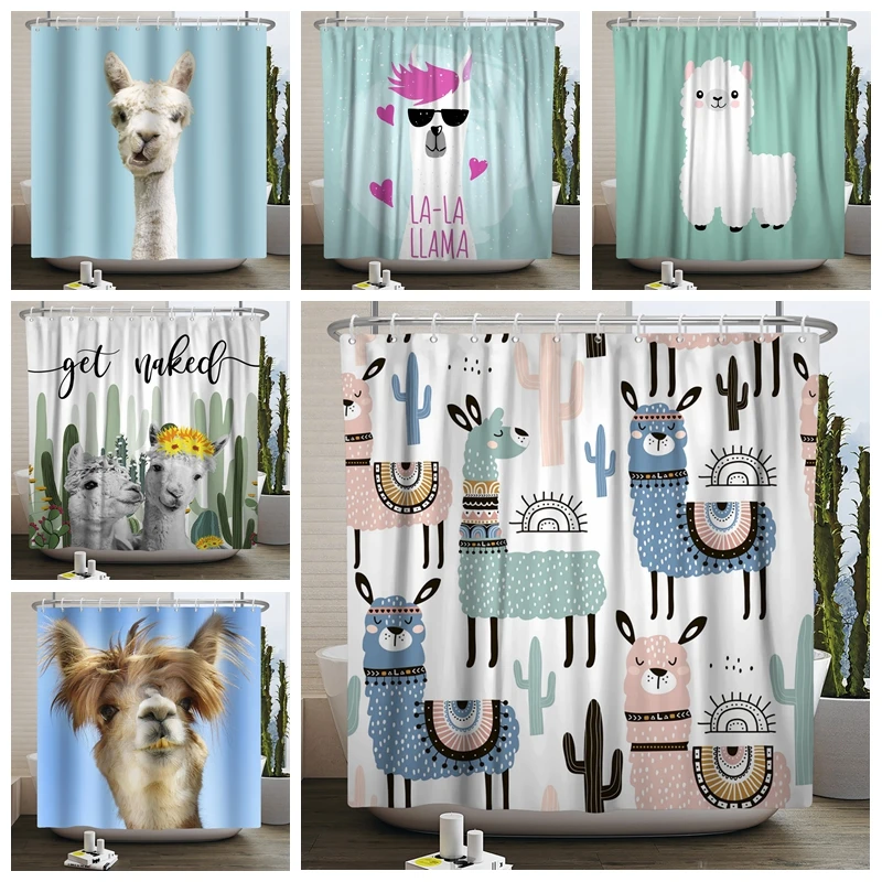 Cute Funny Lama Alpaca Shower Curtain Fun Cartoon Animals Cactus Shower Curtains for Bathroom Home Decor Waterproof Bath Curtain