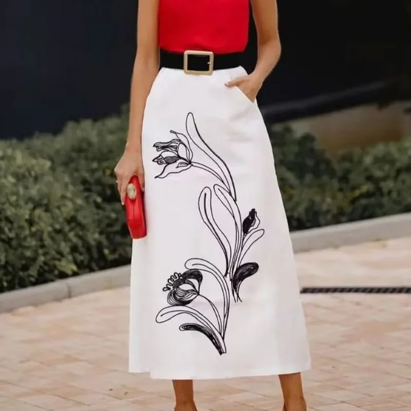 Women\'s 2024 Summer Vintage Midi Skirt New Fashion Casual A-Line with Contrast Embroidery Side Pockets Autumn Style for Female