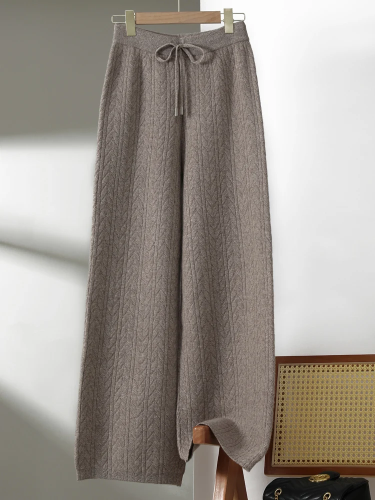 

Fashion Women Thick Soft Warm 100% Merino Wool Knitted Wide-Leg Pants Autumn Winter Solid Jacquard Lace-up Casual Loose Bottoms