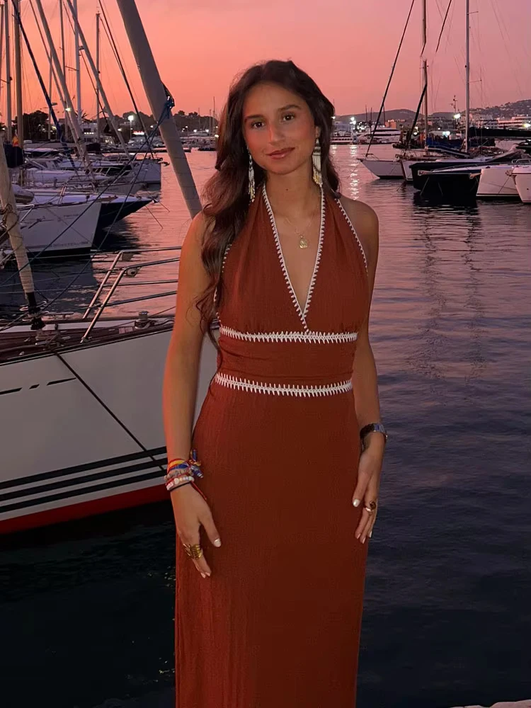 

HH Women's Summer Fashion V-neck Embroidered Sexy Backless Midi Dress Female Elegant Zipper Hem Slit Slim Sleeveless Dress