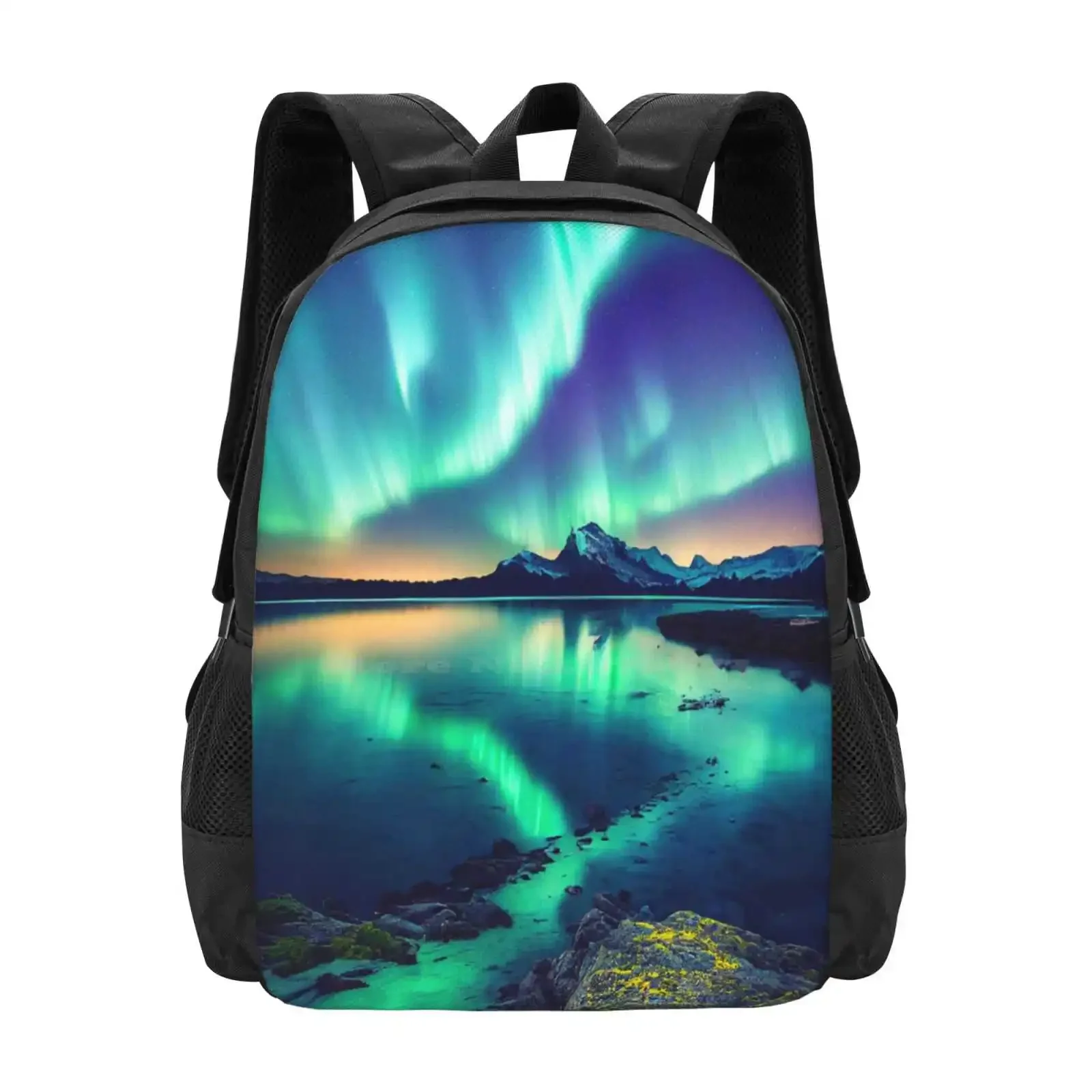 

Green Aurora Hot Sale Schoolbag Backpack Fashion Bags Sky Night Nature Landscape Scandinavia Norway Winter Travel Polar