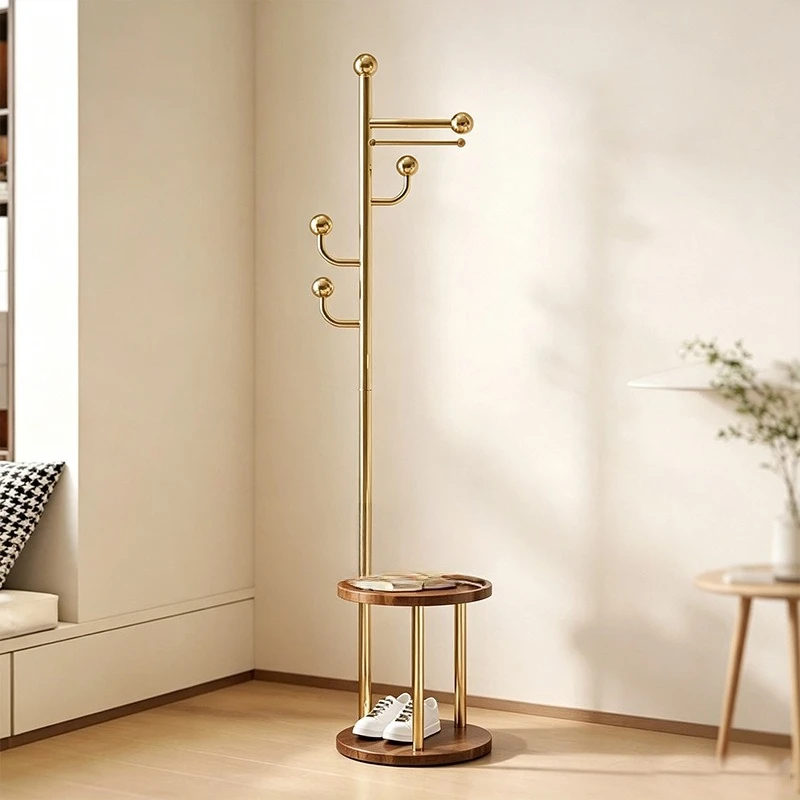 Floor-to-ceiling coat rack Gold double-layer solid wood disc storage hanger Entrance Bedroom clothing