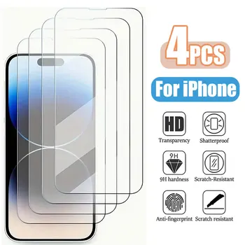 IPhone 14 için 4 adet temperli cam 13 12 11 Pro Max ekran koruyucu iPhone 15 artı 12Mini 13Mini SE X XS XR 14 15Pro cam