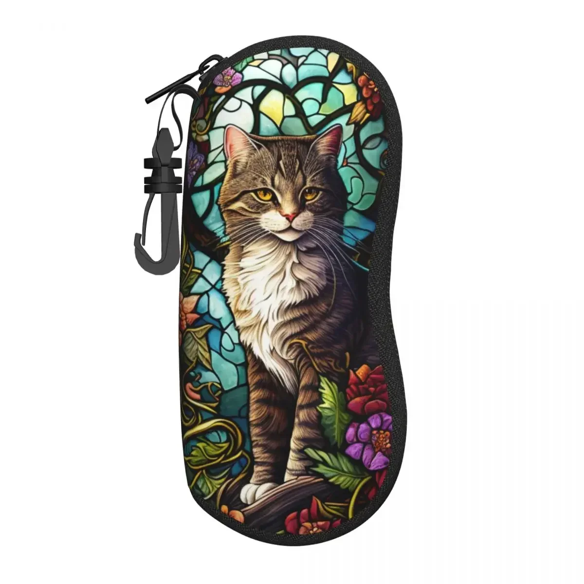 Cat Stained Glass Glasses Case Colorful Flowers Daily Sunglasses  For Men Women Eyewear Organizer Zip Eyeglass s Cover