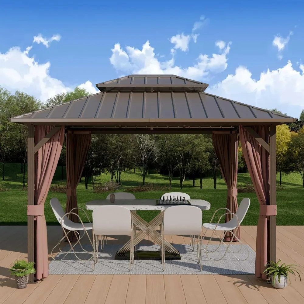 

10'x12' Hardtop Gazebo, Aluminum Frame Galvanized Steel Double Roof Pavilion with Netting and Shaded Curtains, Metal Pergolas