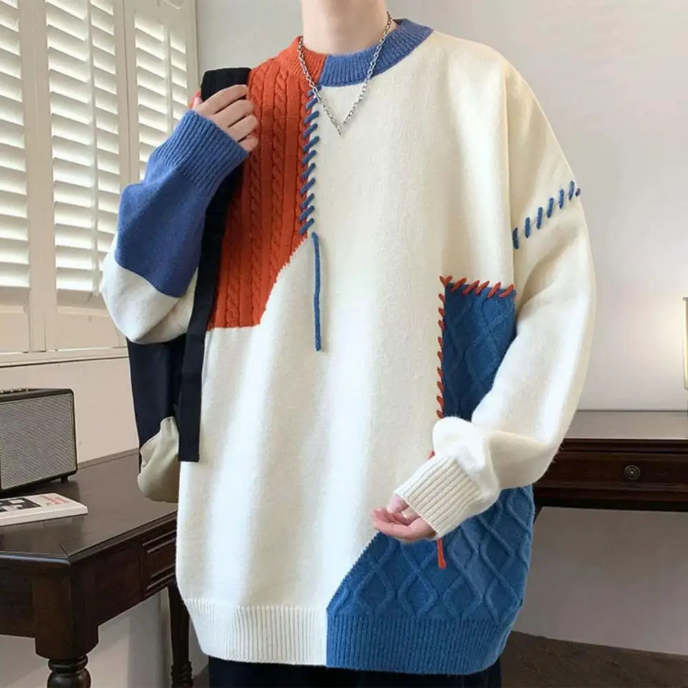 

Long-sleeved Polyester Sweater Cozy Knitted Men's Sweater with Warmth Style Thick Crew Neck Pullover with Contrast for Winter