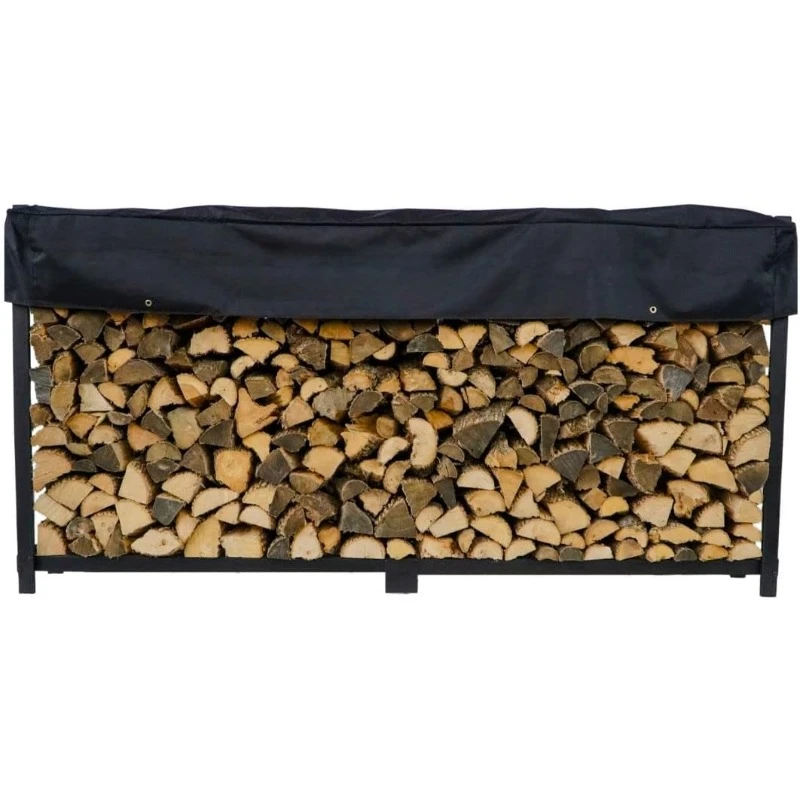 10 Foot Black Firewood Log Rack With Optional Seasoning Cover - Steel Outdoor Rack with Black Texture Powder Coat Finish (Cover)