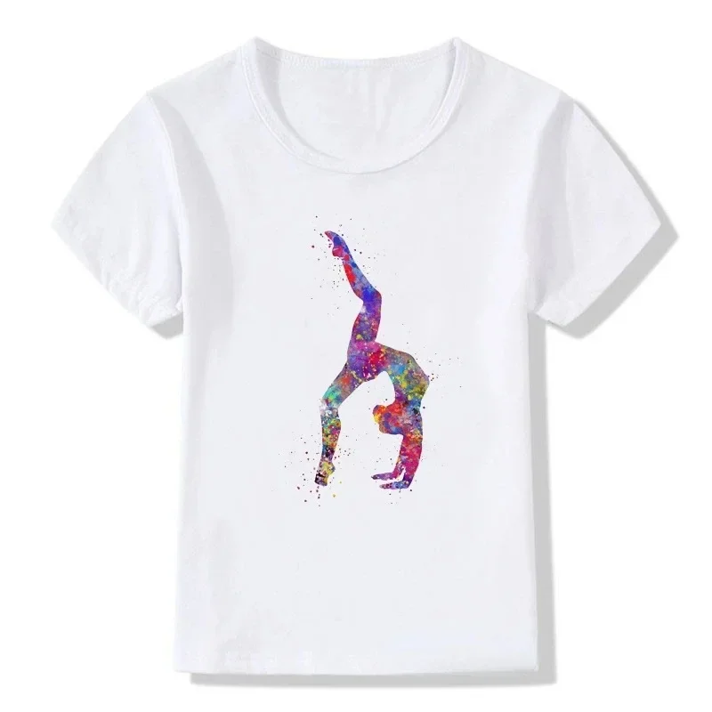 Children's Fashion Design Ballet Print Children's Short Sleeve T-shirt Girls' White Base Shirt Girls Clothes