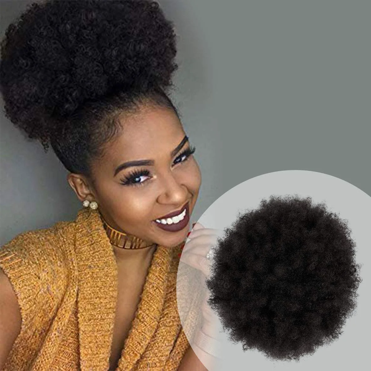 Synthetic Large Afro Puff Drawstring Ponytail Short Kinky Curly Hair Ponytail Fluffy Hair Bun With 2Clips for Women