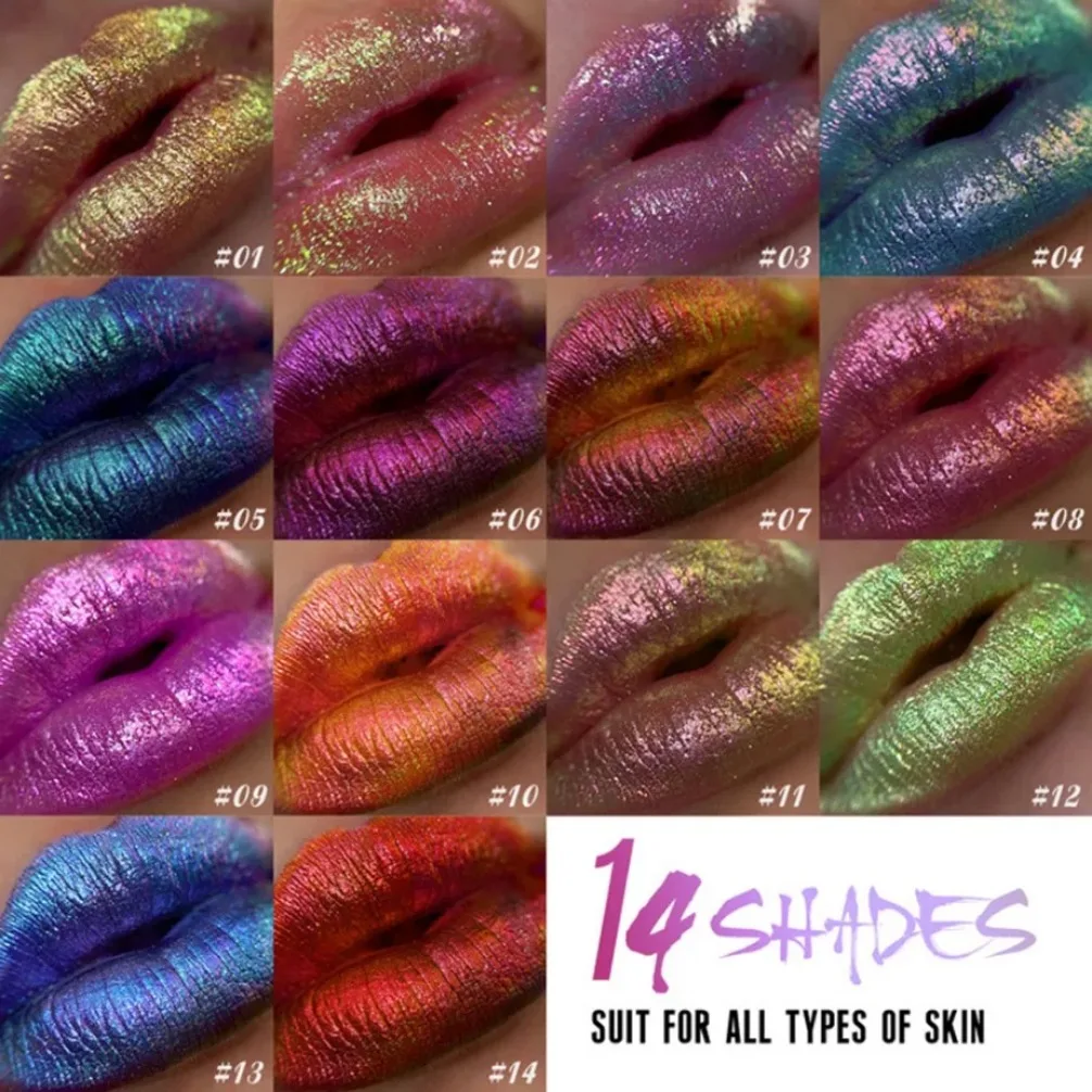 프라이빗 라벨 비건 립 오일 도매 메이크업 14색 카멜레온 메탈릭 립글로스 롱래스팅 샤인 맞춤 로고 리퀴드 립스틱