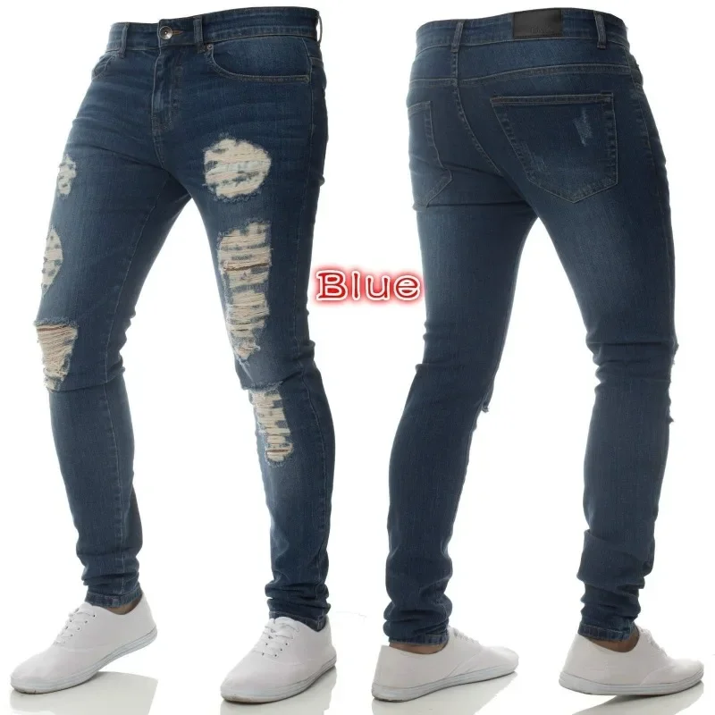 Ripped Skinny Jeans para homens, calças lápis, streetwear, streetwear, cintura alta, slim fit, bainha, buracos, luz, comprimento do tornozelo, Street Style, Denim