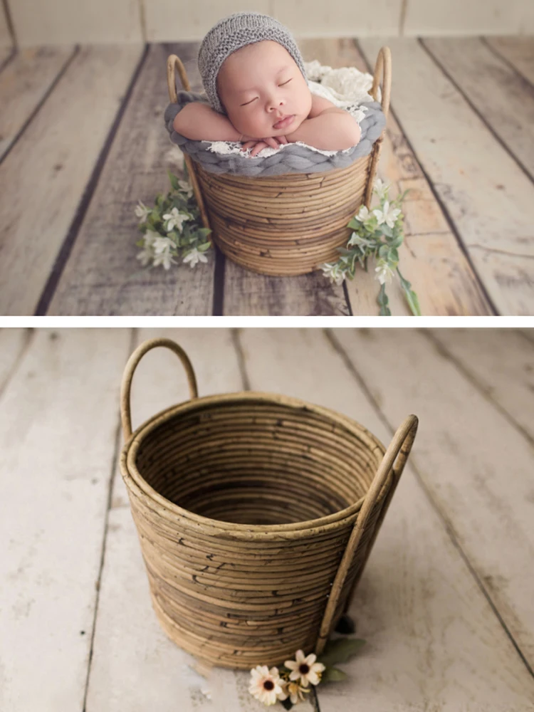 Rattan Basket for Newborn Photography Handwork Woven Retro Basket Chair Baby Posing Props Studio Shooting Container Accessories