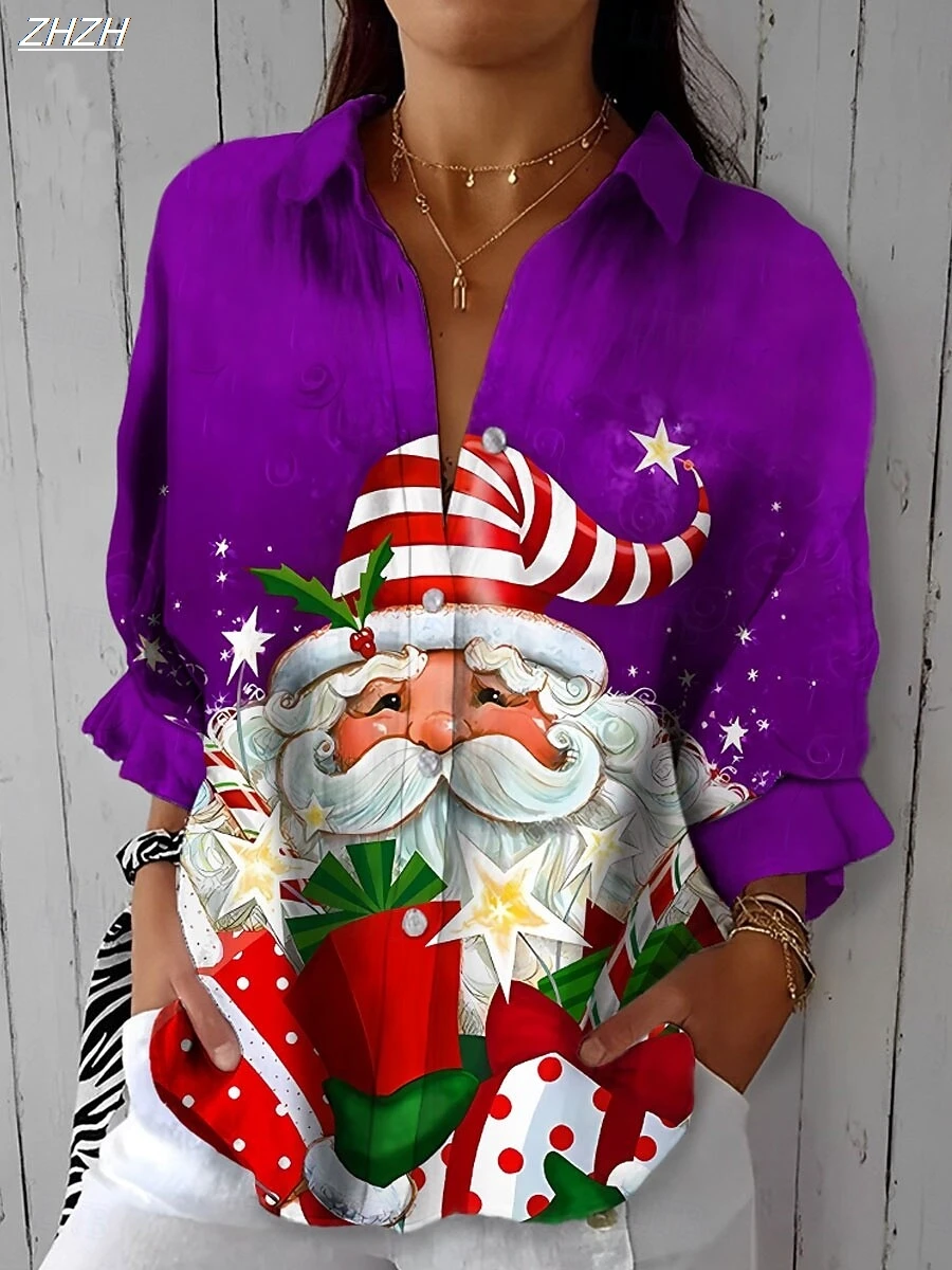 レディース 2025 長袖シャツ、ポリエステル混紡スリムフィット、クリスマスサンタグラフィックカジュアルデイリーウェア、春秋ブラウストップス