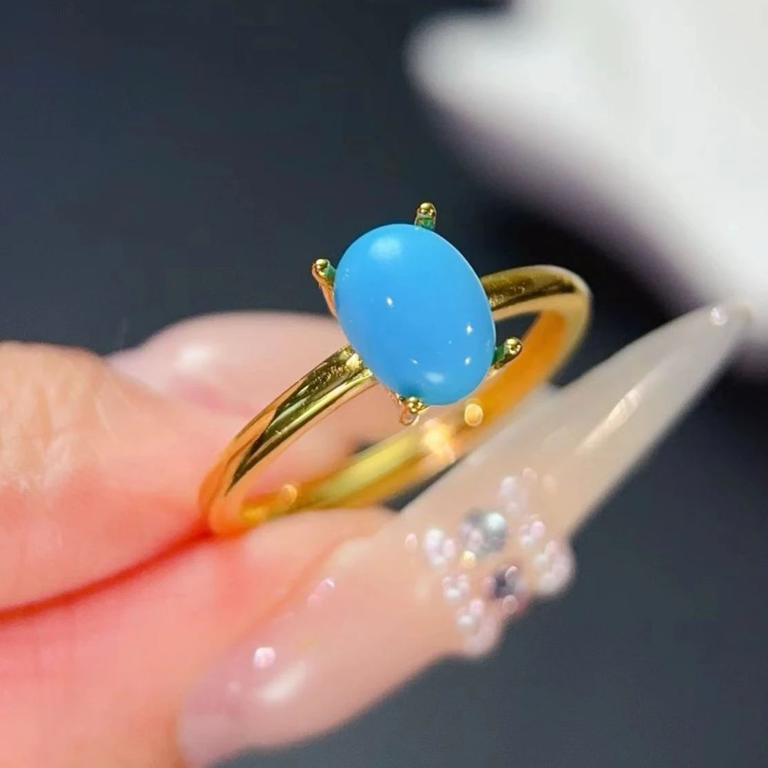 

Simple 925 Silver Ring for Daily Wear Man Made Turquoise Ring 6mm*8mm Natural Turquoise Powder Forming Gemstone Jewelry