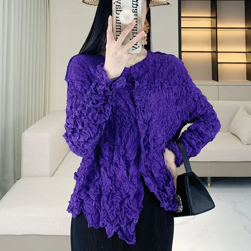

Pleated Women Shirt 2025 Autumn New Item Solid Color Long Sleeved Single Breasted Elegant and Unique Design Female Top Coat
