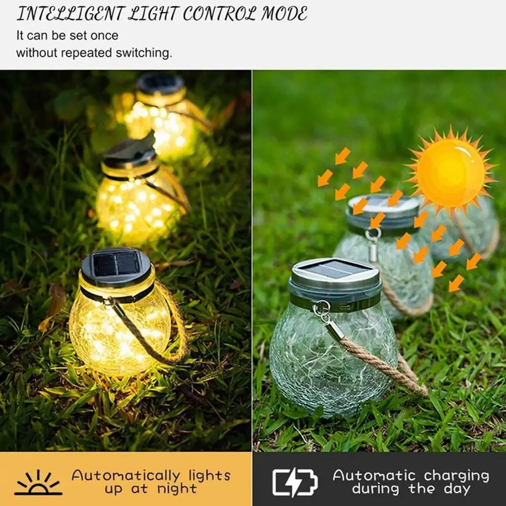 Solar Light Outdoor Waterproof Solar Crack Light Mason Jar Lights Hanging Solar Glass Lamp for Garden Lawn Courtyard Decoration