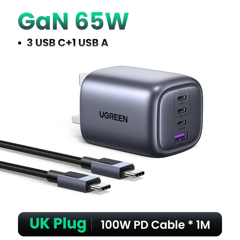 UGREEN 65W GaN-oplader 4 poorten USB C snellader Quick Charge 3.0 PD 3.0 voor Macbook Air Laptops Tablet iPhone 16 15 14 Pro Max