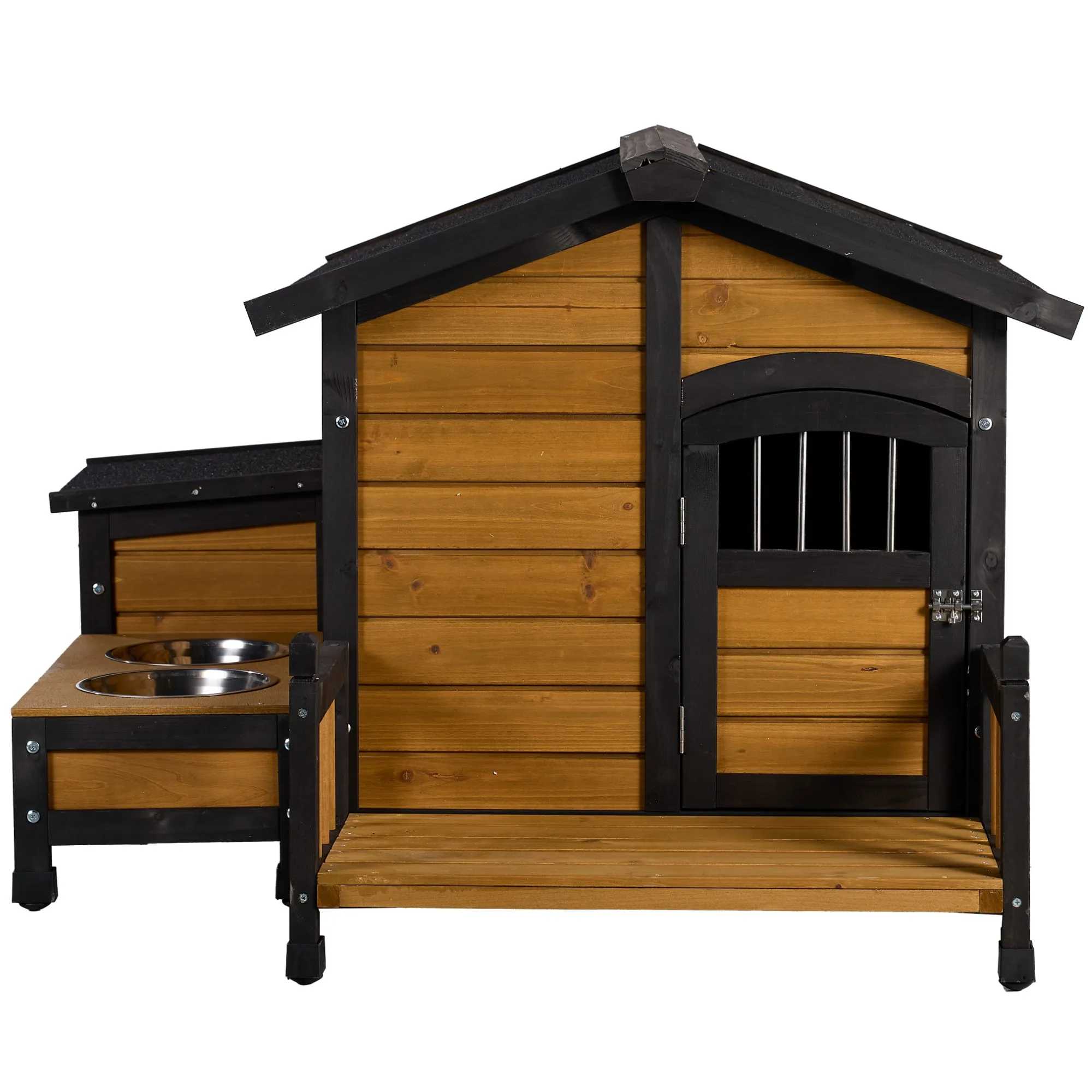 Natural Wood Double-Bowl Dog House Outdoor Waterproof Kennel with Built-In Feeding Bowls And Balcony for Small to Medium Breeds