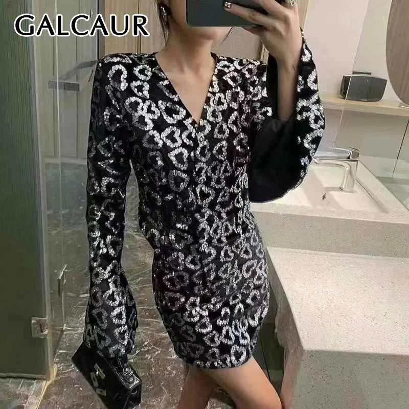 

GALCAUR Solid Spliced Sequins Two Piece Set For Women V Collar Long Sleeves Patcwhork Button Top Skirt Slimming Sets Female New