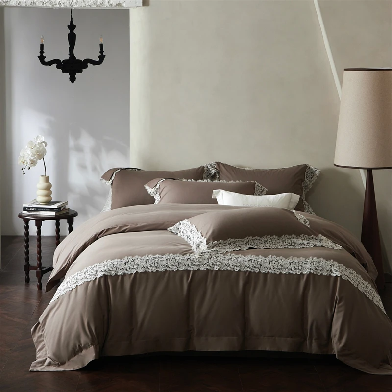 100S Egyptian Cotton Brushed Bedding Set Vintage Floral Lace Trim Warm Cozy Duvet Cover Bed Sheet/Fitted Sheet Pillowcases 4Pcs