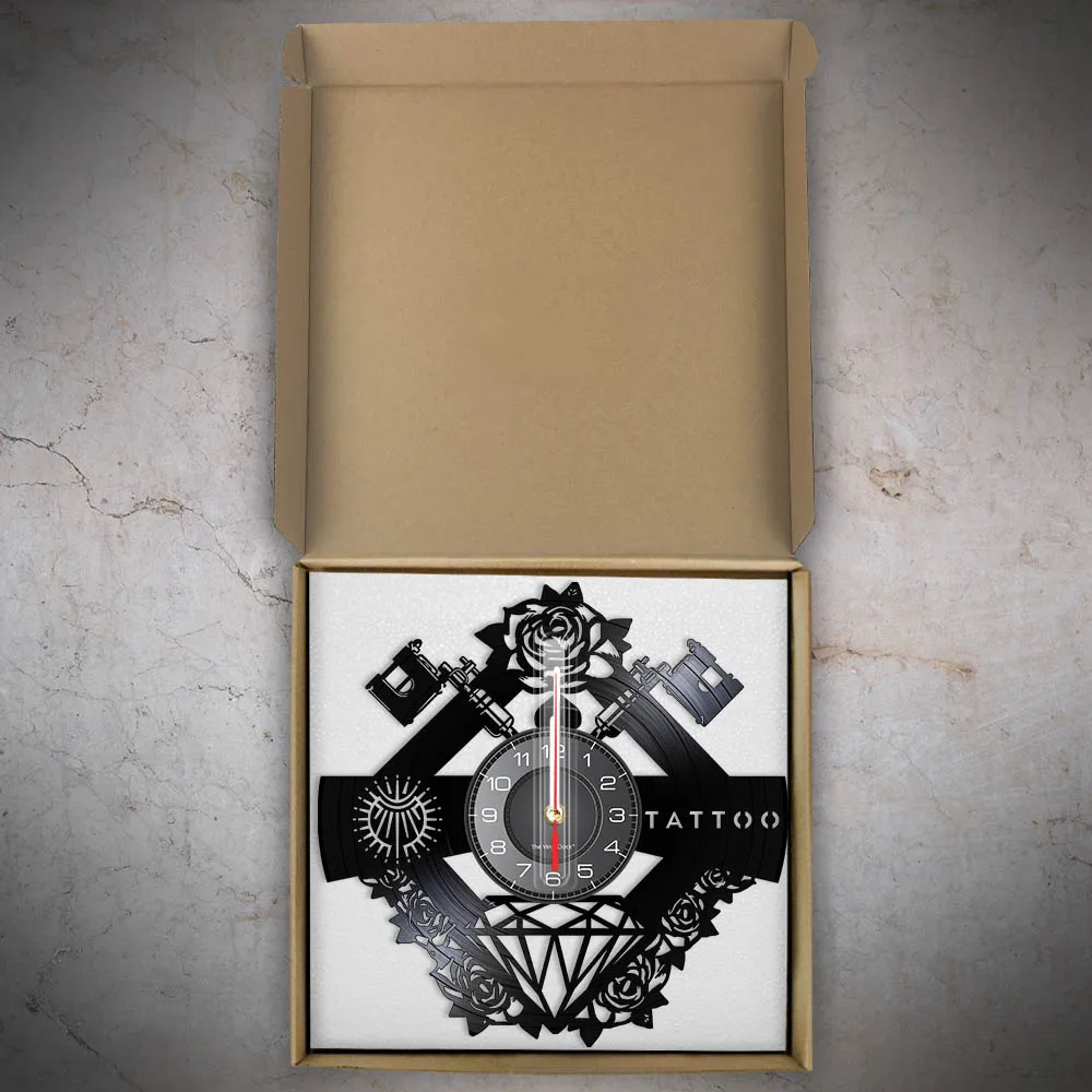 Tattoo Studio Sign Tattoo Custom Name Silent Vinyl Record Wall Clcok Tattoo Shop Tattoo Machine Wall Decor Hipster Men Gift