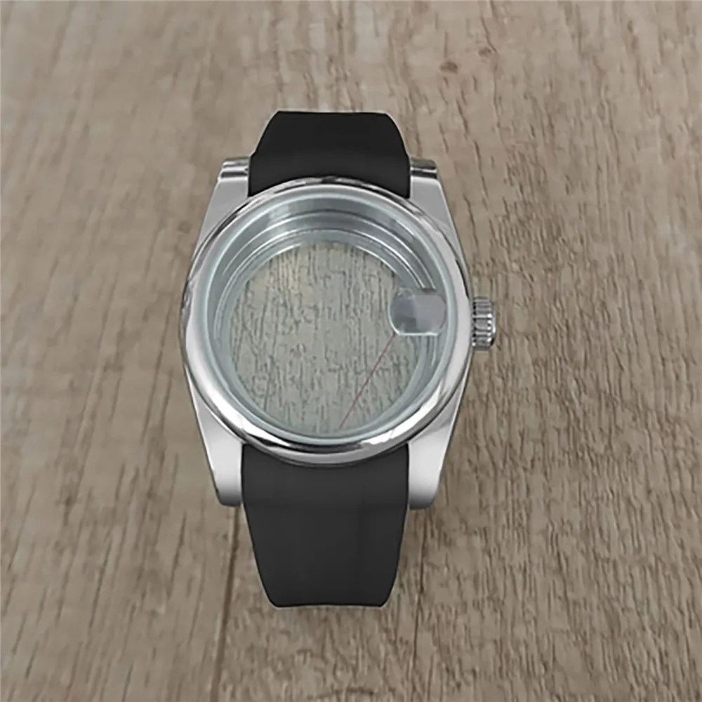 36MM Oyster Perpetual/ Fluted Bezel Case Transparent Bottom Rubber Strap Flat Sapphire Glass /Magnifier For NH35/ NH36 Movement