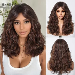 HENRY MARGU Chestnut Brown Wavy Synthetic Wig with Bangs Medium Length Natural Wavy Wigs for Women Daily Party Heat Resistant