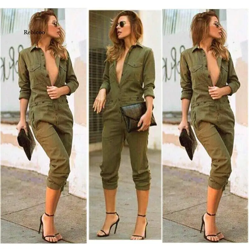 Nouvelle mode femmes Slim moulante combinaison à manches longues, vert armée solide décontracté barboteuse dames Vintage barboteuse pantalon Long combinaison