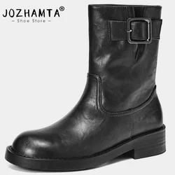 JOZHAMTA Size 34-41 Women Ankle Boots Genuine Leather Wide Calf Thick Heels Platform Boots Casual Buckle Strap Daily Dress Shoes