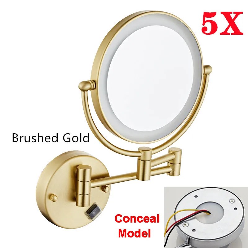 Rose Gold Led Opvouwbare Badkamerspiegel Wandmontage Verlichte Home Hotell Badkamer Make-upspiegel 5X Vergrotende Plug Badspiegels