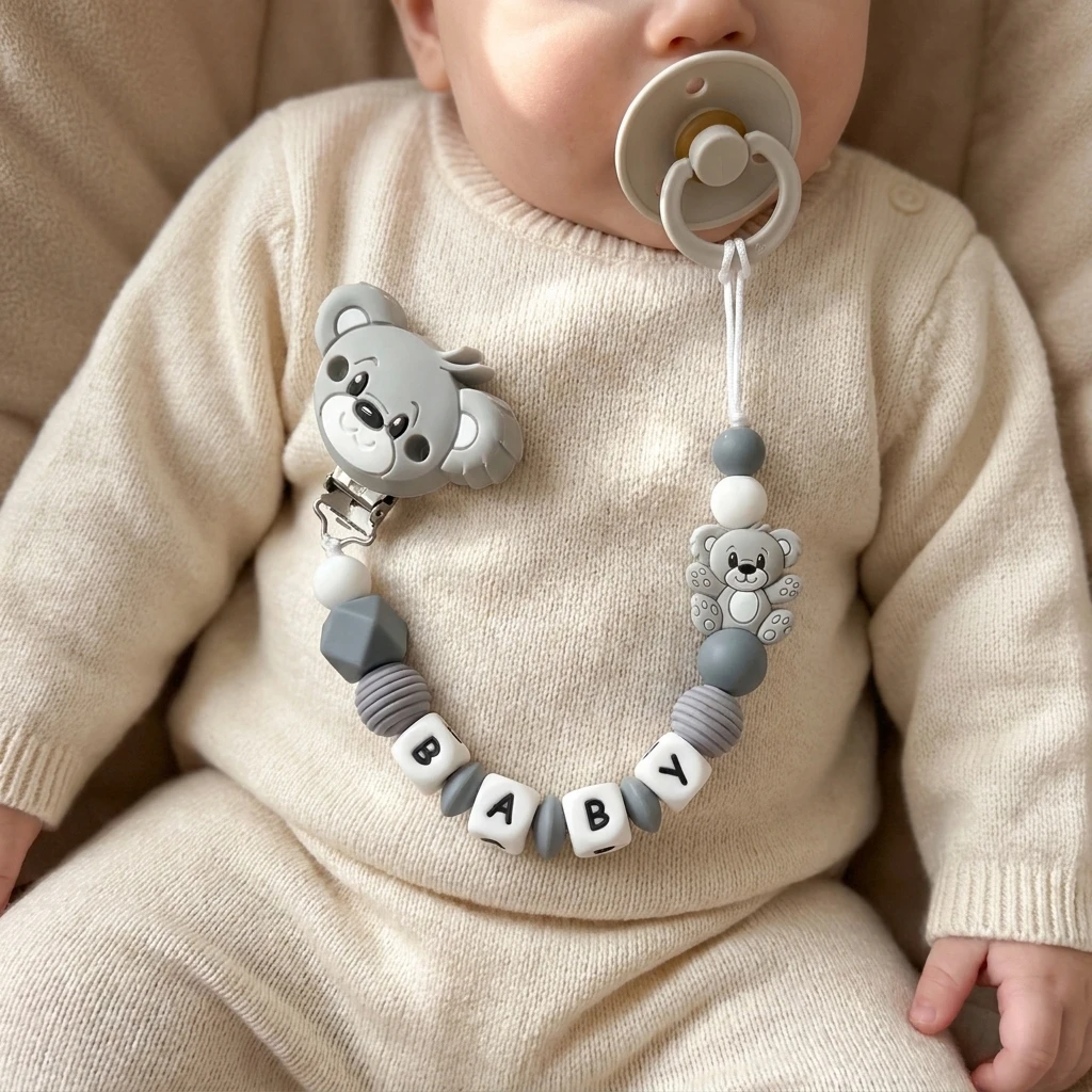Personalized Baby Pacifier Clip Silicone Bear Teething Chain Custom Name Dummy Holder BPA Free Food Grade Chew Toy Gift