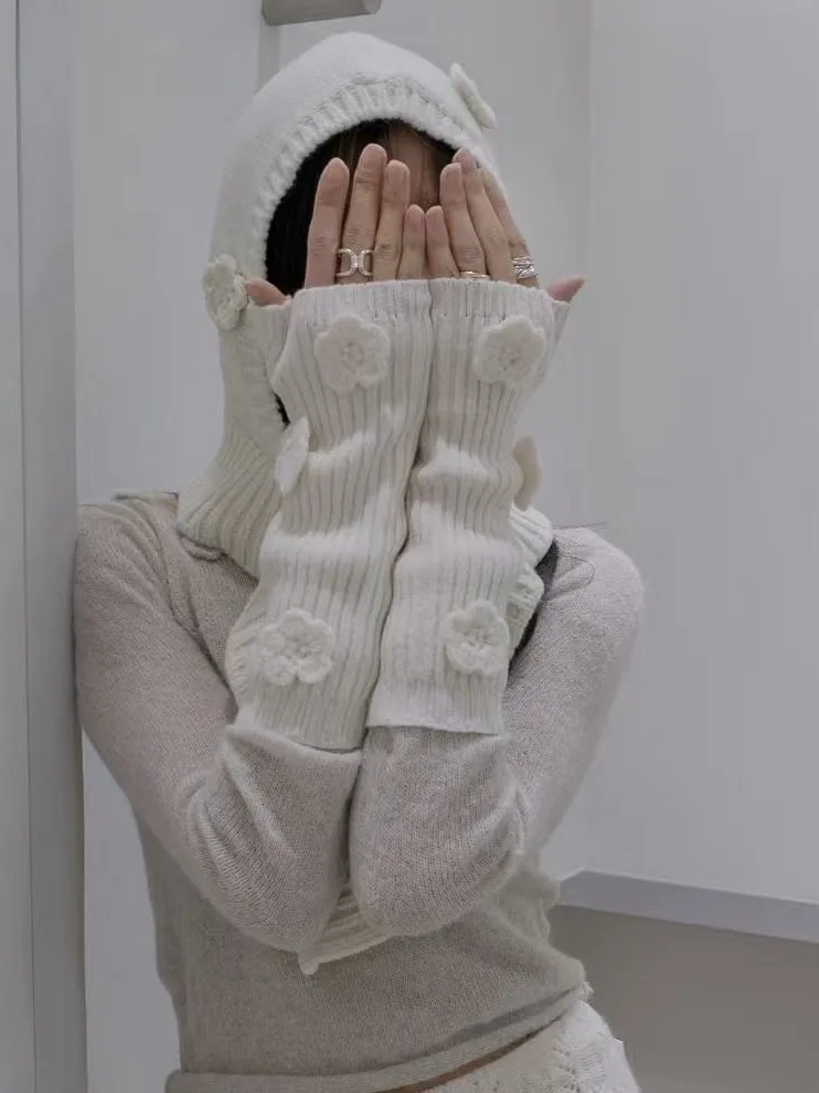 Handmade Knitted Hat Scarf Integrated Flower Design Winter Warm Fashion Men's Cuff Gloves Sleeve Covers No Brim Cap Style