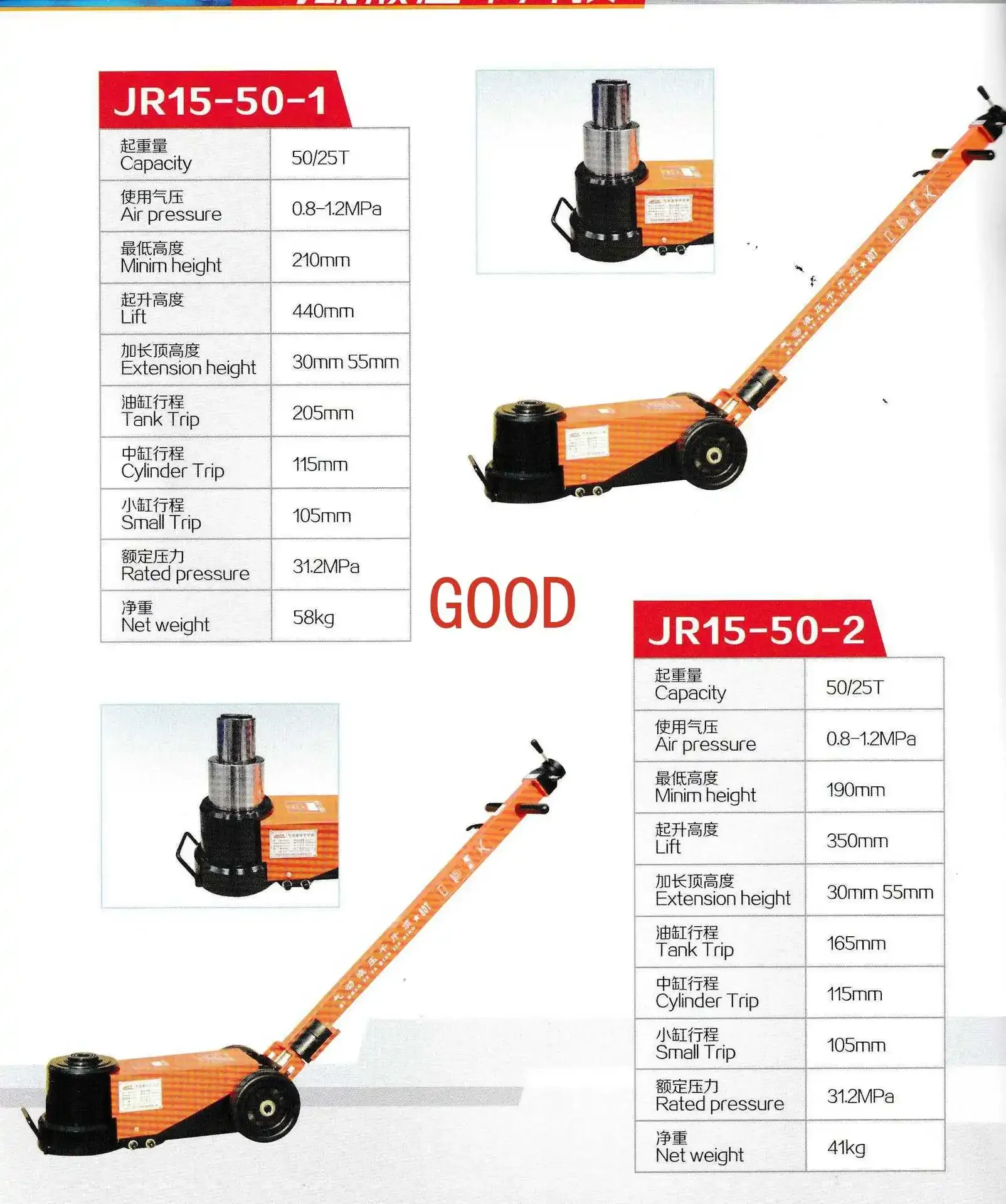 Pneumatic hydraulic jack, passenger and freight car horizontal jack, pneumatic jack JR15-50